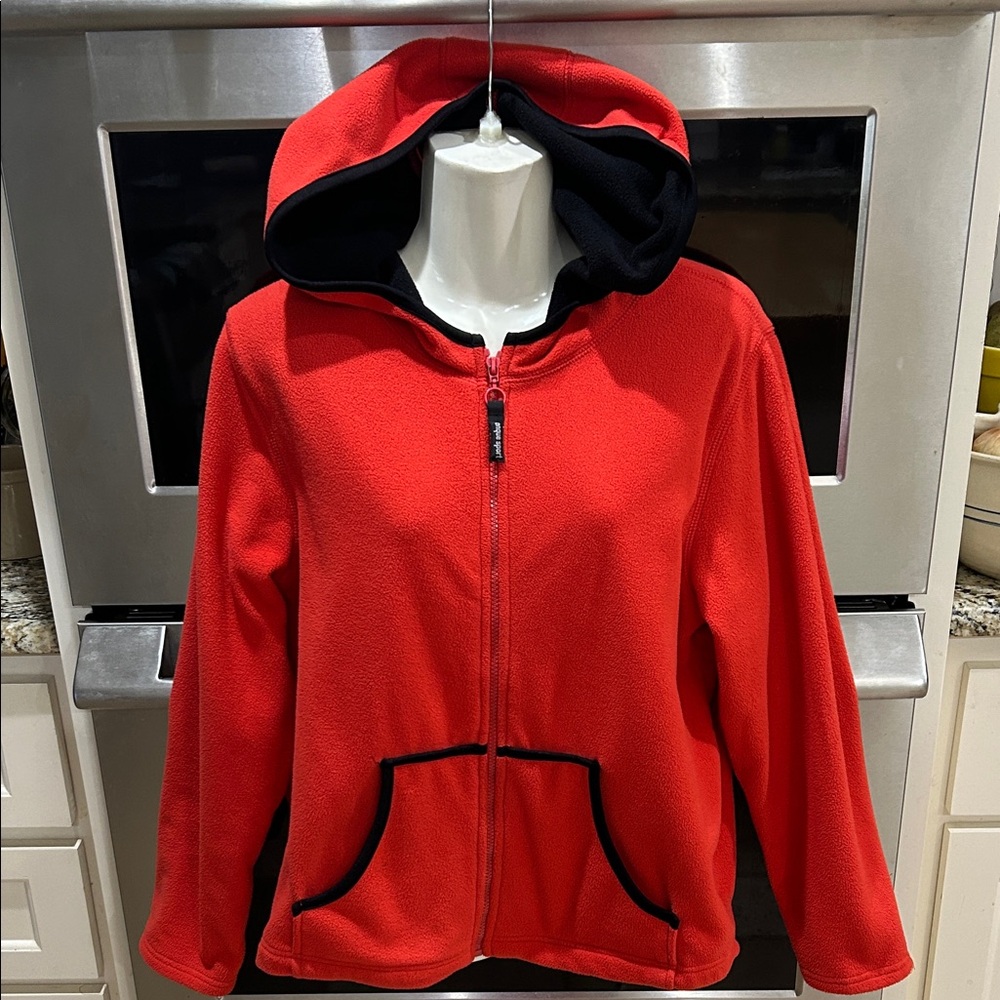 Onque Woman Red Black Trim fleece hooded jacket with Zipper & Pockets